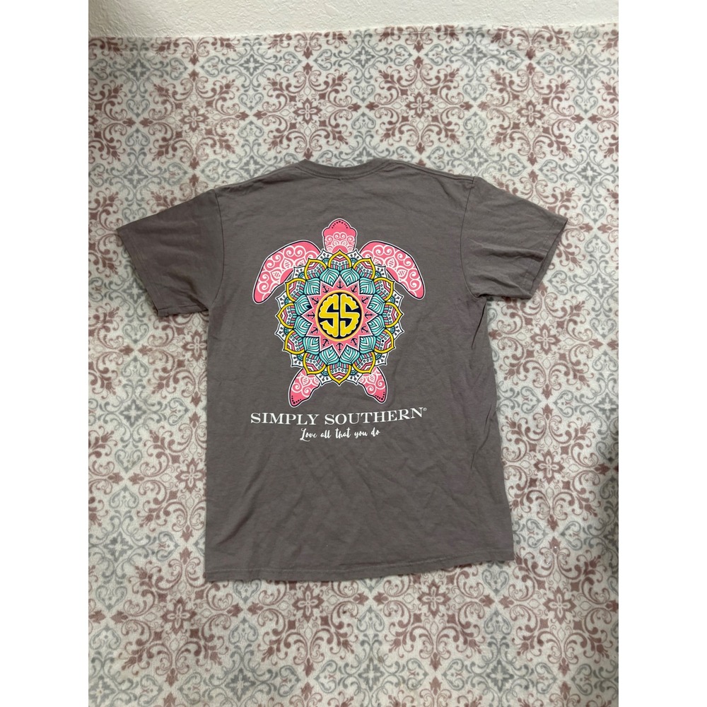 Simply Southern Gray Mandala Turtle Graphic T-Shirt Medium Pink Blue Yellow